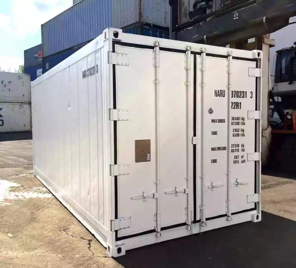 20ft Refrigerated Shipping Container – Thermo King Freezer – three-quarter exterior view of white refrigerated container with closed doors