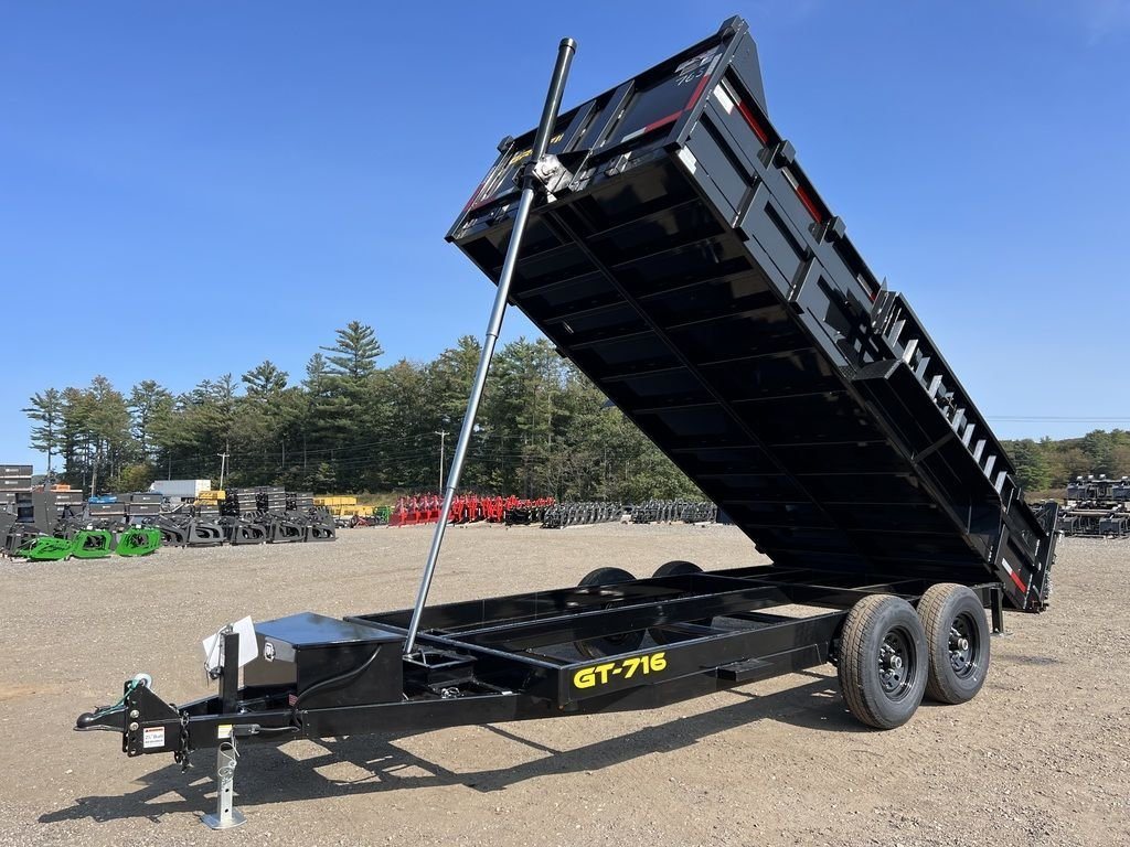 2024 Griffin Trailers 16 ft Dump Trailer – Telescopic – A front three-quarter view showing the hydraulic cylinder and raised dump bed