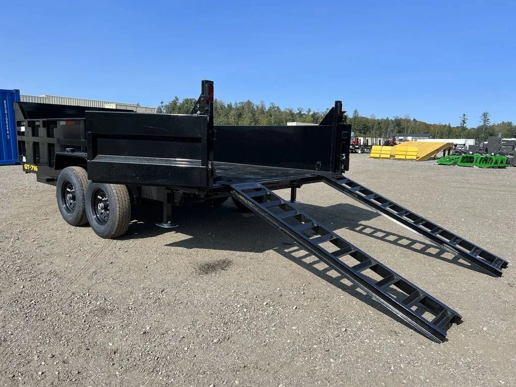2024 Griffin Trailers 16 ft Dump Trailer – Telescopic – A side view showing the low profile of the ramps and open rear