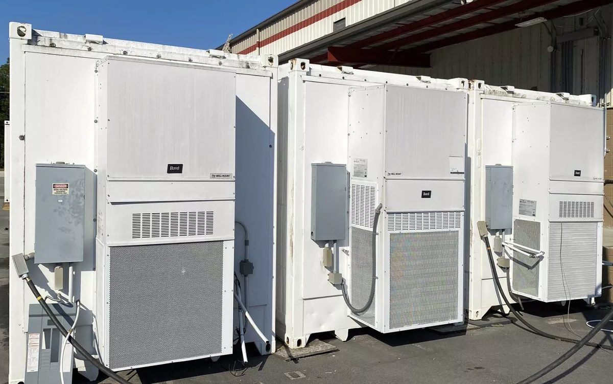 40ft High Cube Insulated Container – Lighting and Electrical – three white container ends with externally mounted HVAC systems