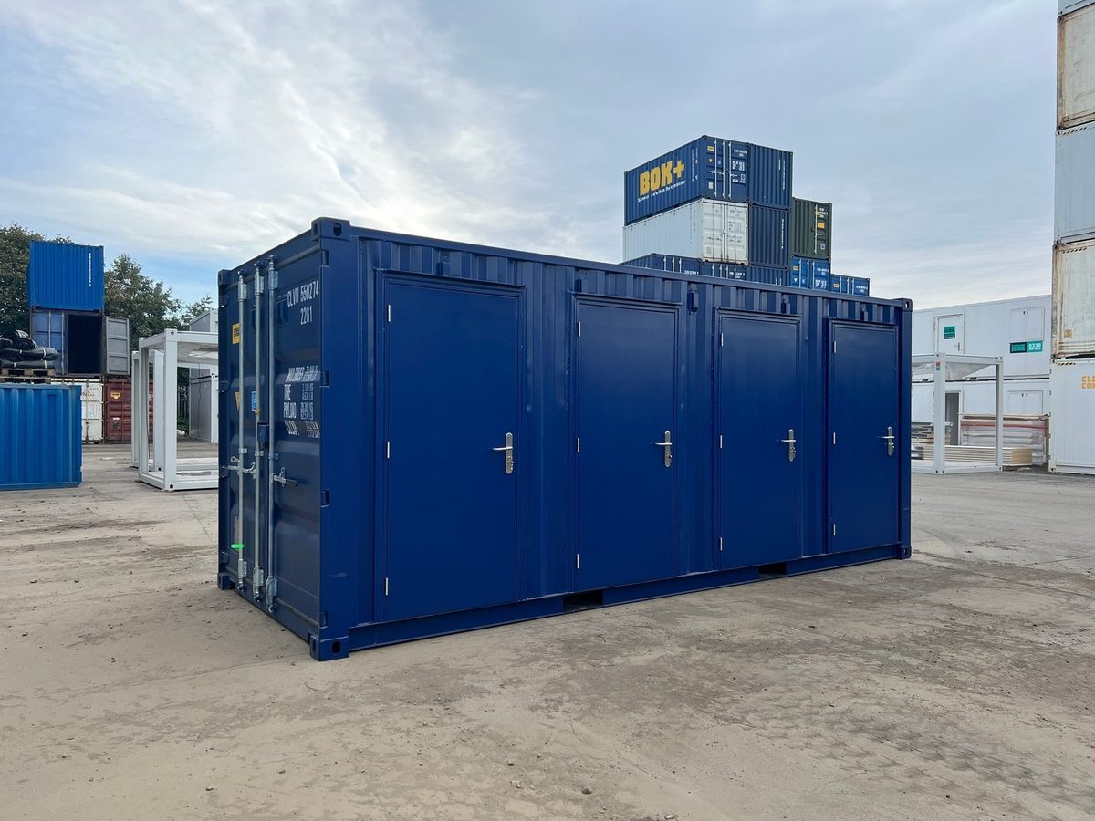 20ft New Shipping Container – Four-Door Storage Configuration – three-quarter exterior of blue container with four storage access doors
