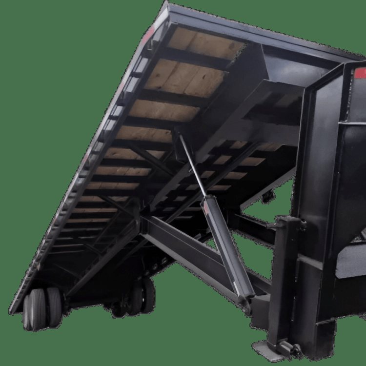 40 ft Tilt Bed Trailer – Twin-Cylinder Hydraulics – Underside view of the tilt mechanism and dual axles on a flatbed trailer