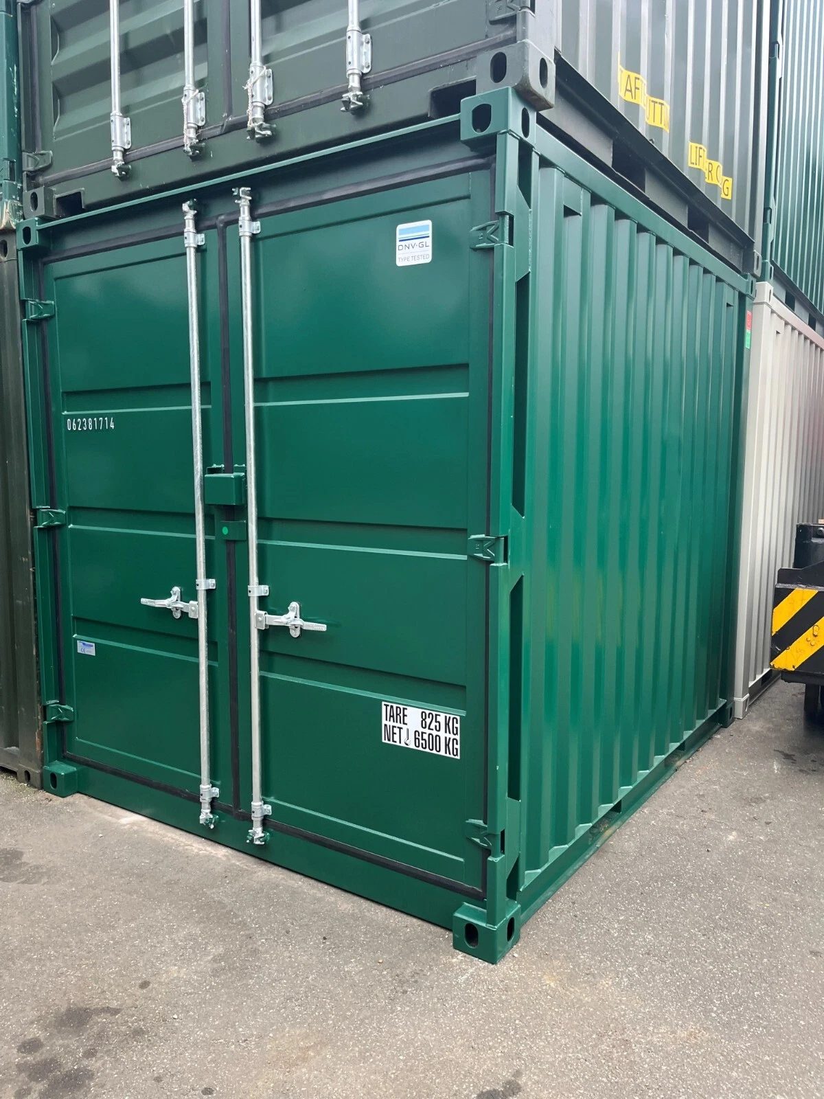 10ft New Shipping Container – Double Cargo Doors – three-quarter exterior view of green container with doors closed