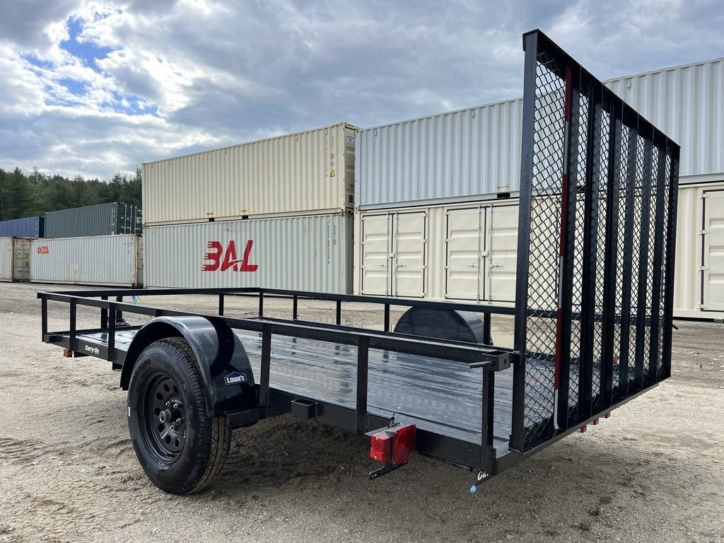 2024 Carry-On 12 ft Utility Trailer – Rear Ramp Gate – Rear three-quarter view of the trailer with the mesh ramp gate raised