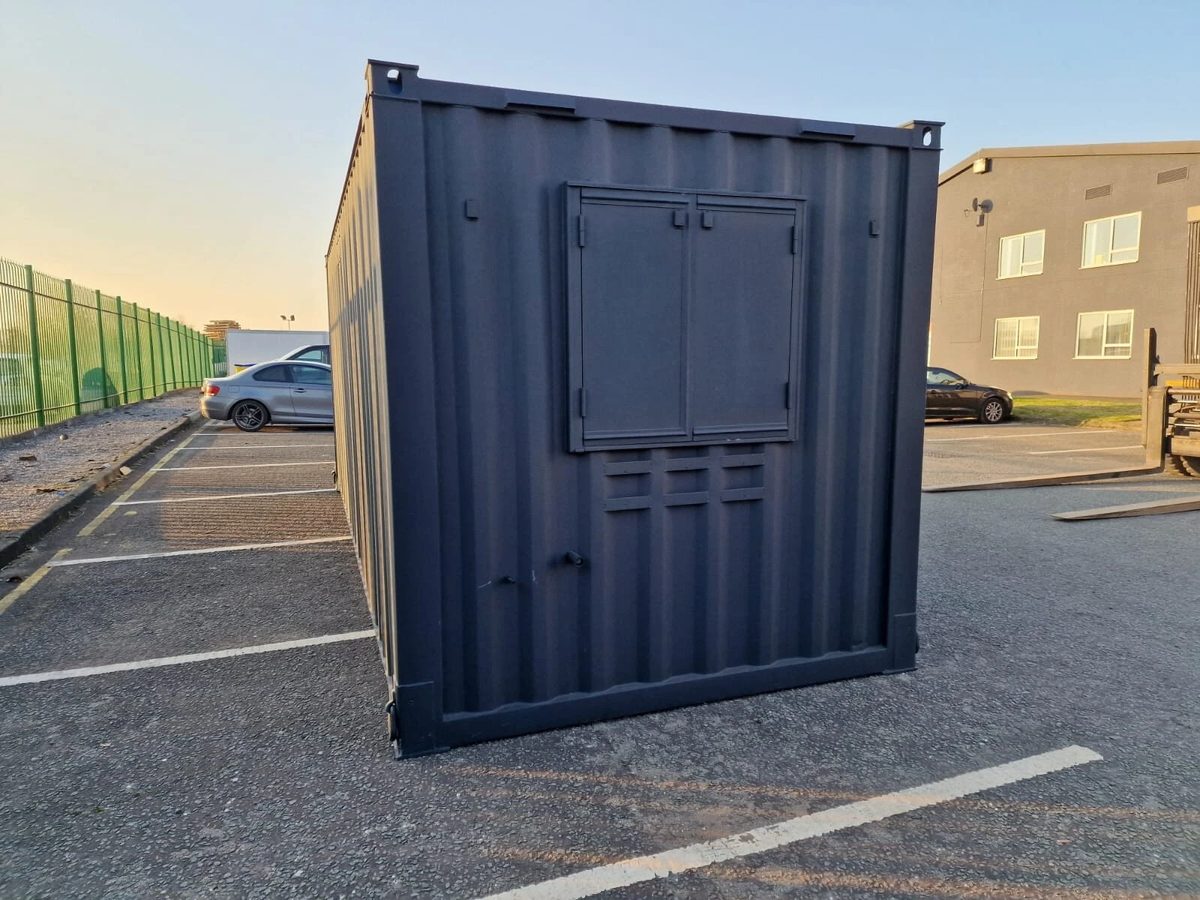20ft Anti-Vandal Office Canteen – Insulated Steel Workspace – End exterior of modular office with closed security shutters