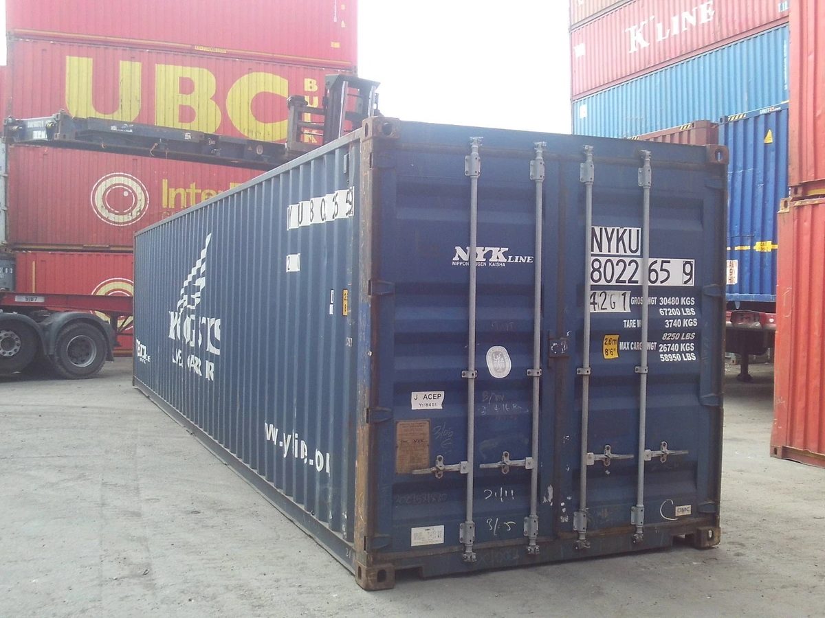 40ft Used Shipping Container – Standard Height, Double Doors – three-quarter exterior view of blue container with cargo doors closed
