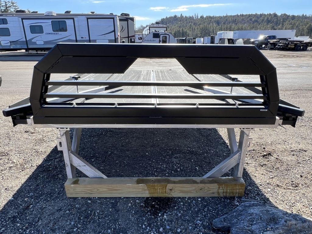 2023 Sno Pro 8 ft Sled Deck – Sliding Sides – Straight on front view of the headache rack and the deck surface