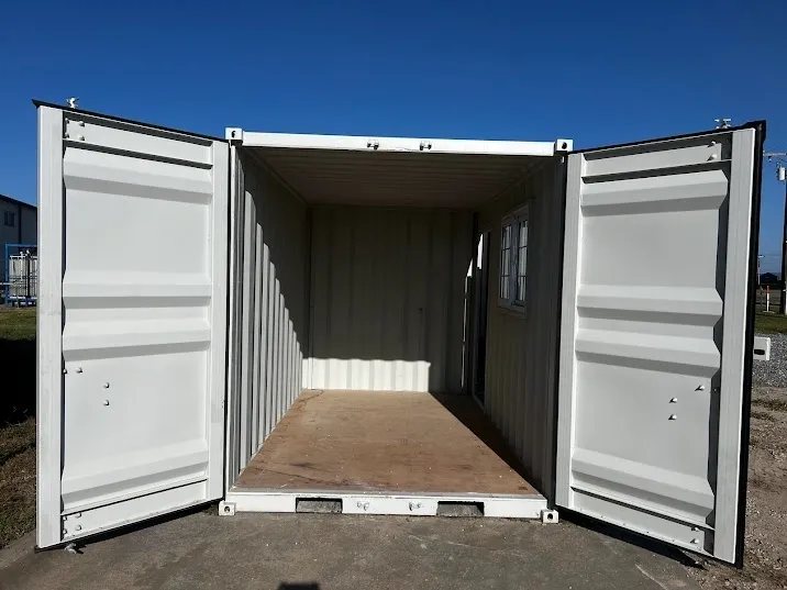 12 ft Modified Container – Gray, Window And Door – Open double doors showing the empty interior of a modified shipping container unit