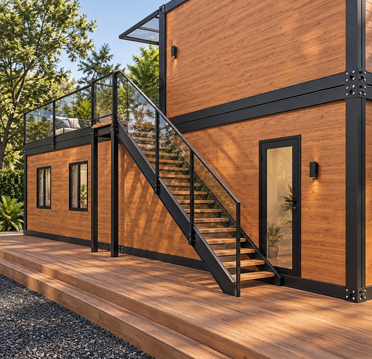 Two-Story Container Home – 1 Bedroom, 2 Baths, Rooftop Deck – Close exterior view of the staircase and lower side entry