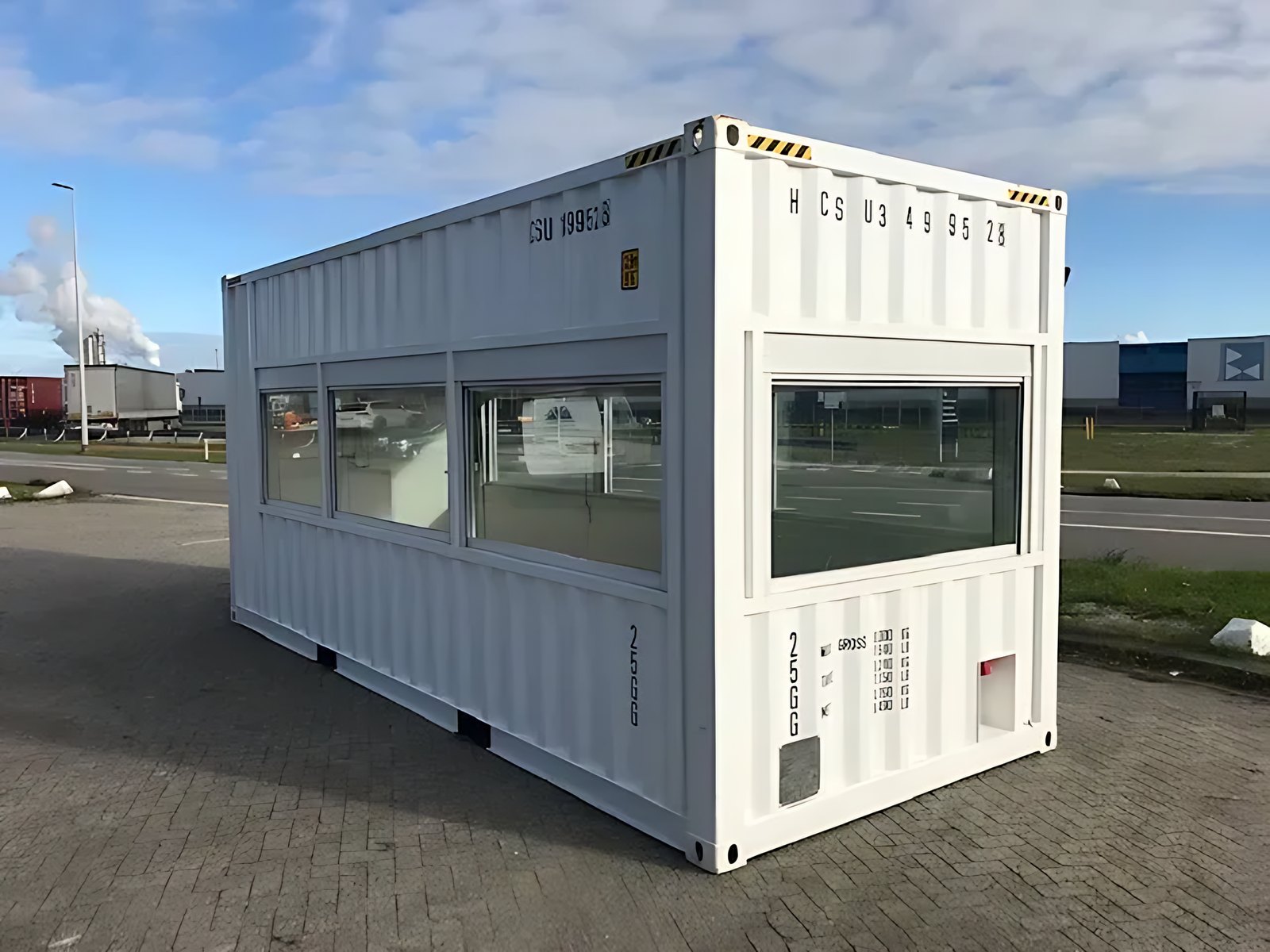 20ft High Cube Observation Office – Shuttered Windows – three-quarter exterior view of white container with large observation windows