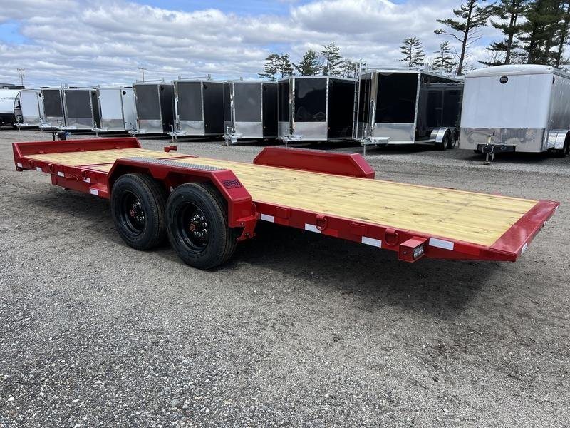 2024 Rice Trailers 22 ft Tilt Deck – Red, Toolbox – Side view from the rear showing the flat red deck and black wheels