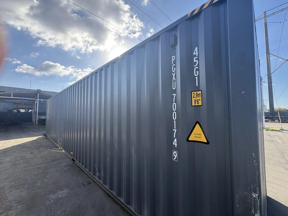 40ft High Cube Shipping Container – New / One-Trip – angled exterior side view of a grey shipping container