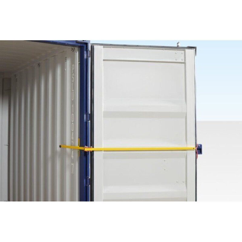 Container Door Stay – Powder-Coated Steel, Fold-Away Design – Yellow heavy-duty door stay installed on a white shipping container door