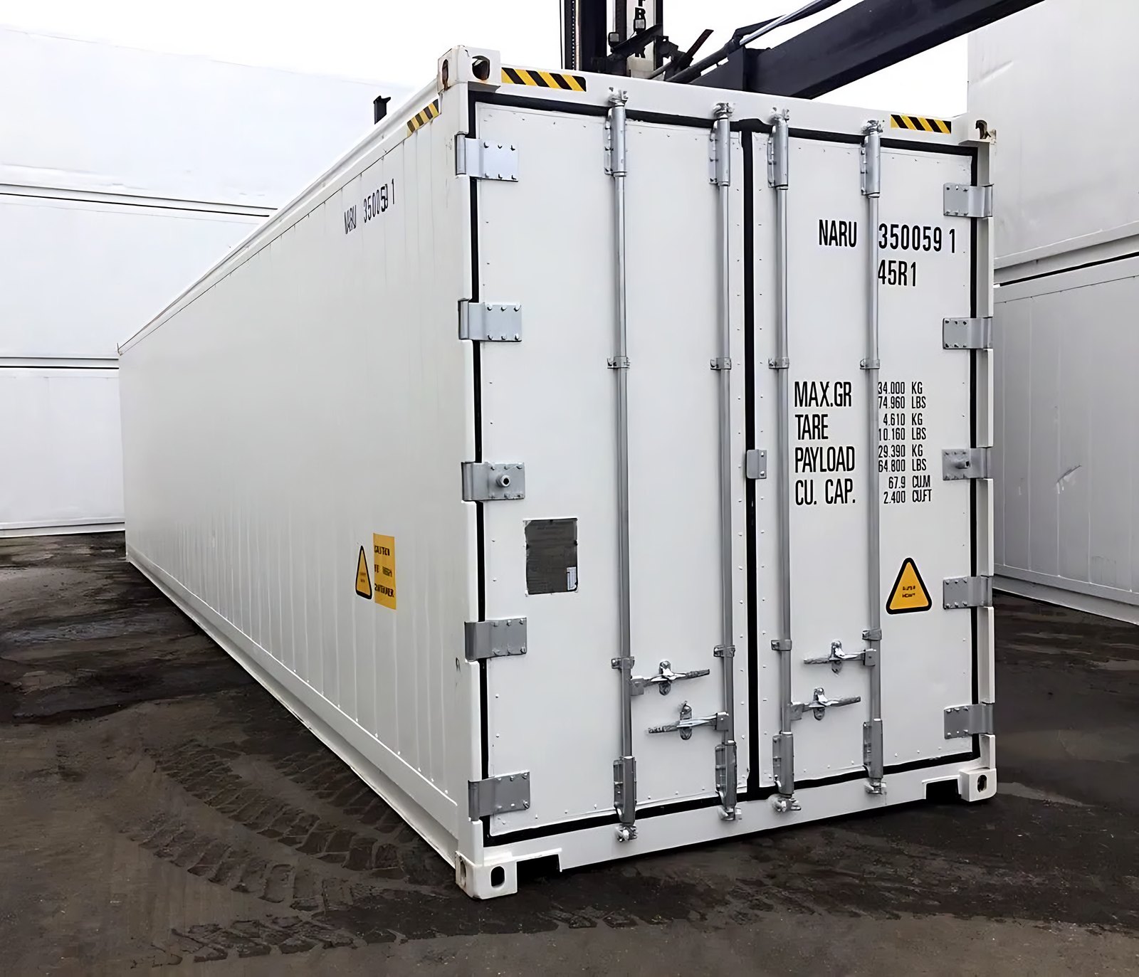 40ft High Cube Reefer Container – Deep-Freeze Cold Storage – three-quarter exterior view of white refrigerated container with closed doors