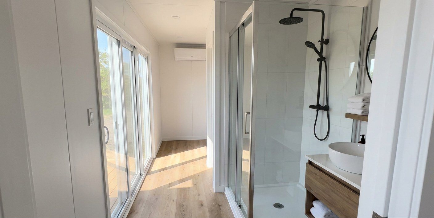 40ft Prefab Container Home – Loft & Covered Deck – Full bathroom with walk-in shower