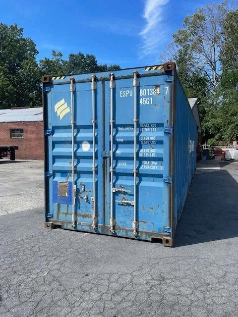 40ft High Cube Shipping Container – Used, Locking Doors – blue shipping container with closed cargo doors and rust