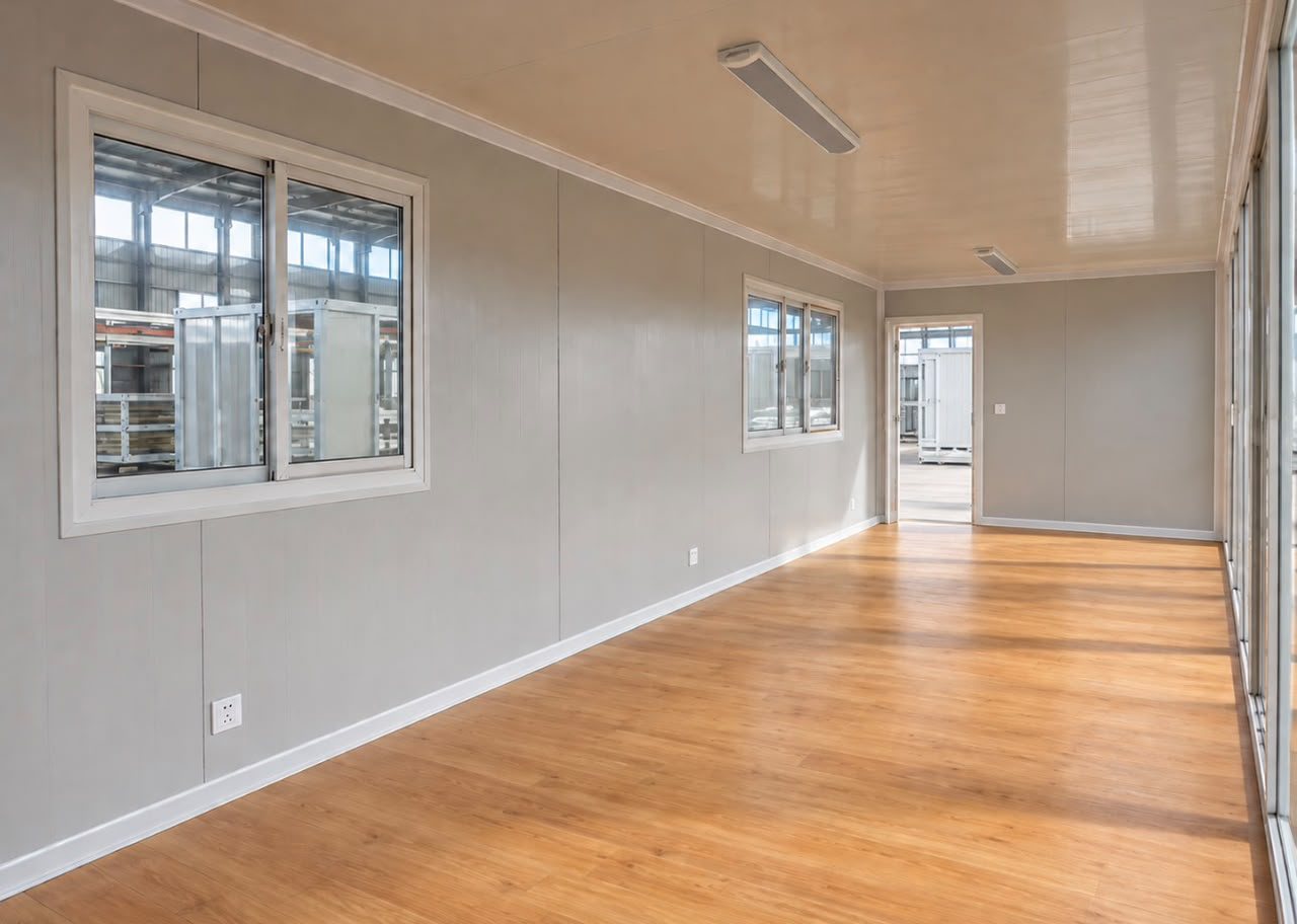 40ft Glazed Open-Plan Container – Lined Interior, Blue – 40ft Glazed Open-Plan Container — Interior Open Floor Plan