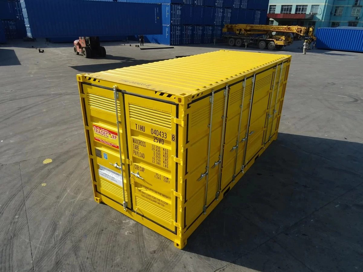 20ft Dangerous Goods Container – Bunded Floor and Ventilation – elevated three-quarter view of yellow container with closed doors