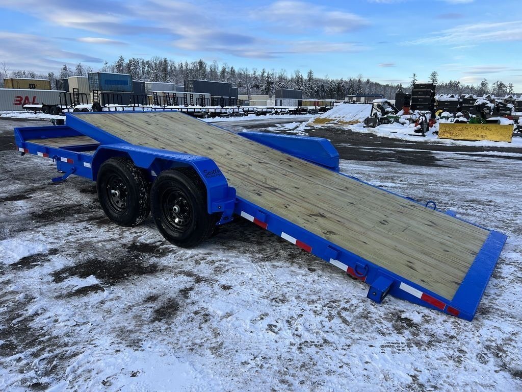 2024 Rice Trailers 20 ft Tilt Trailer – Spare Mount – Rear view of the blue equipment trailer with the tilt deck lowered to the ground