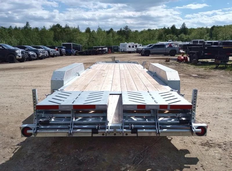 2024 N&N Trailers 20 ft Equipment Trailer – Full-Width Ramps – Straight on rear view of the trailer showing the folded full width ramp system