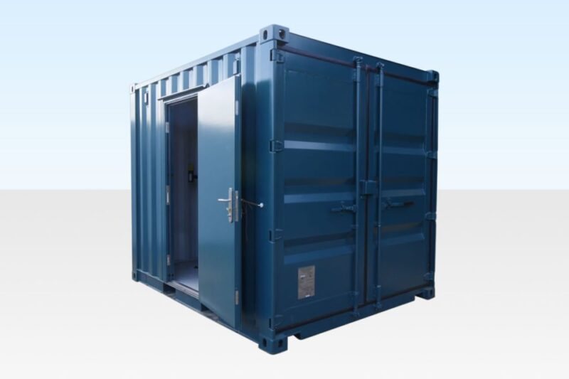 Steel Double Turnstile Unit – Blue, Separate Entry And Exit – A three-quarter exterior view of a blue shipping container unit with one door open