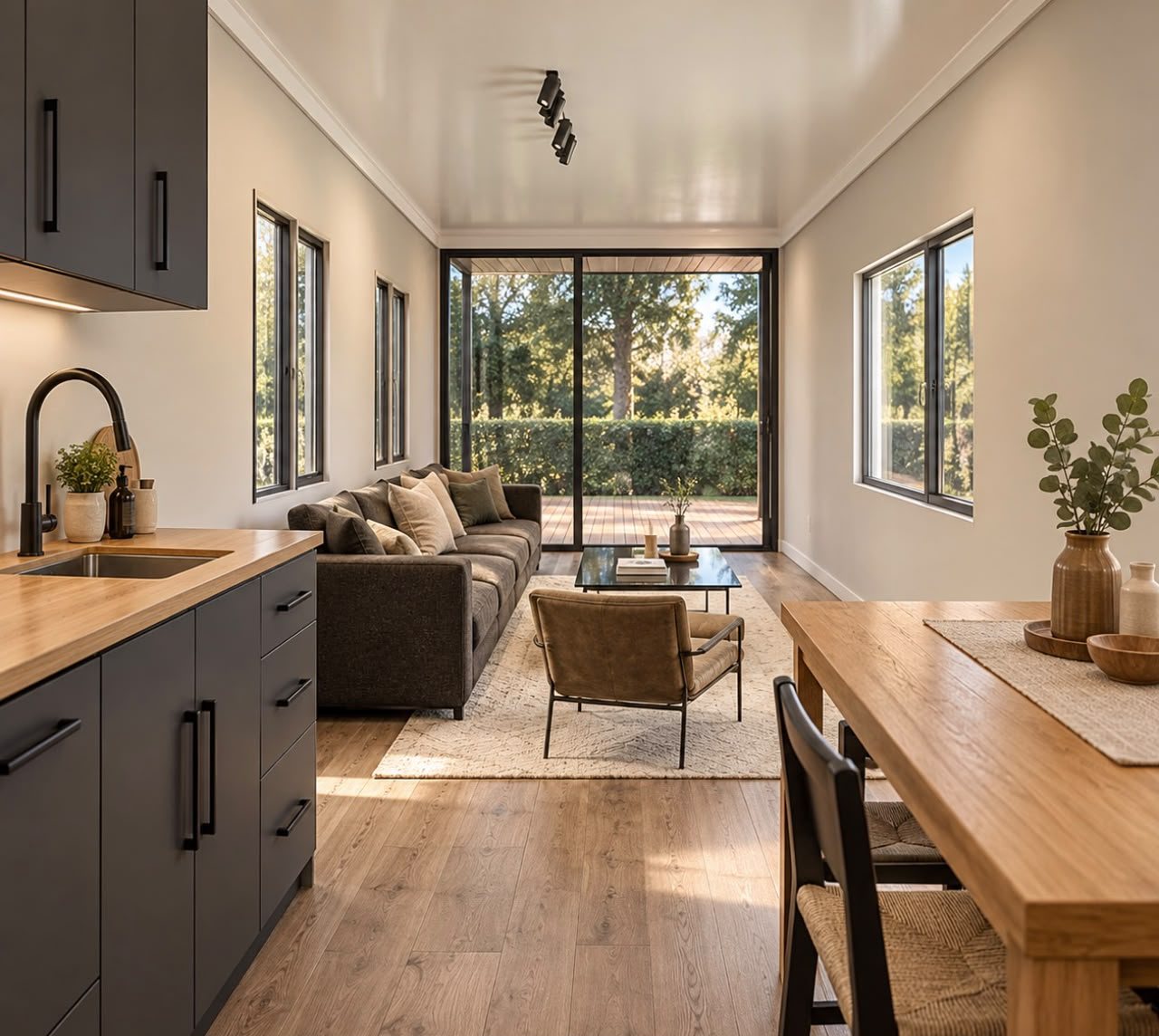Two-Story Container Home – 1 Bedroom, 2 Baths, Rooftop Deck – Open-plan kitchen and living area showing dark cabinetry, dining table, sofa and glazed doors — furniture and appliances shown for illustration only; not included