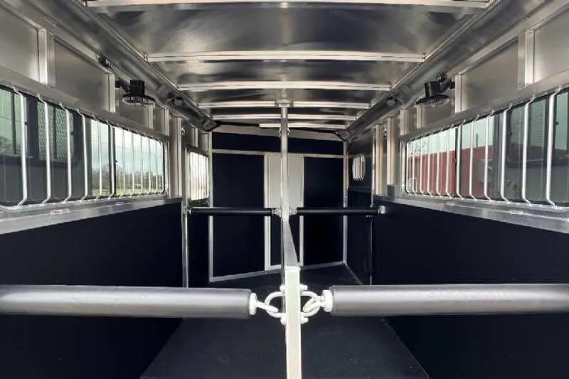 2023 Shadow 2HSSR 2 Horse Trailer – Extended Box – Symmetrical interior view of horse stalls with dividers and fans