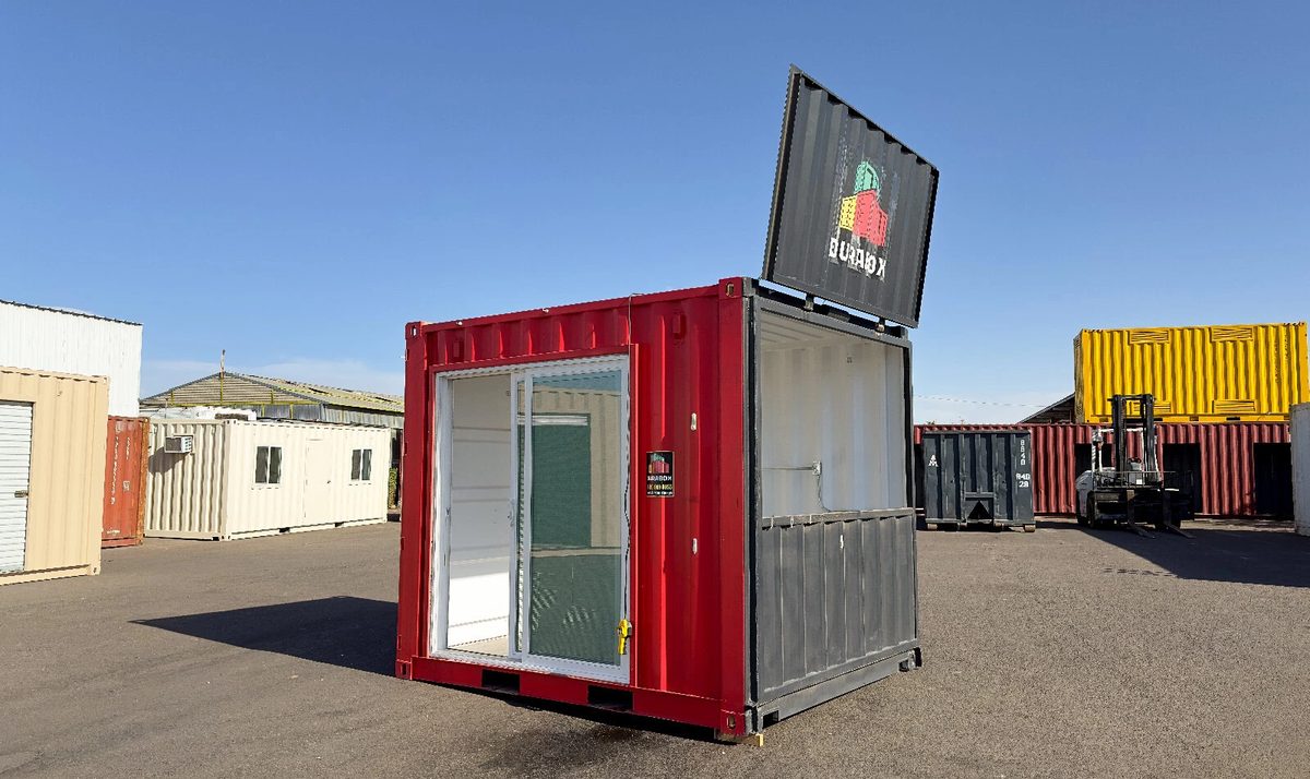10ft Newly Built Concession Stand – Flip-Up Service Window – red concession container with sliding entry and raised serving hatch