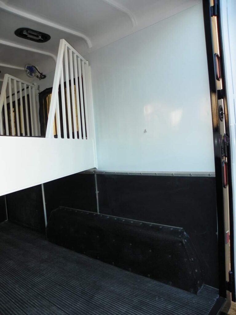 2022 Double D 2 Horse Bumper Pull – Reverse Slant – View of the front interior wall and stall divider bars