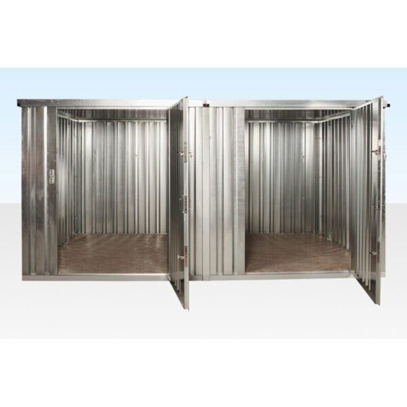 3 m (9.8 ft) Side-Linked Flat-Pack Bundle – Galvanized – Two linked galvanised steel flat pack storage units with open double doors
