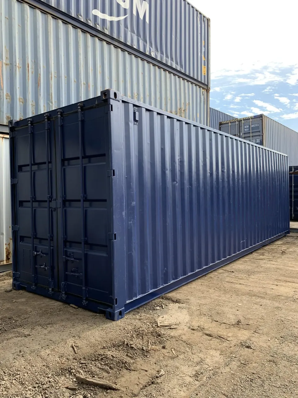 30ft Modified Storage Container – Roll-Up Access – three-quarter exterior view of blue container with cargo doors closed