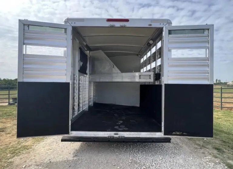 2013 Cimarron 3 Horse Bumper Pull – Aluminum, Dressing Room – Rear view of the horse trailer with double doors wide open