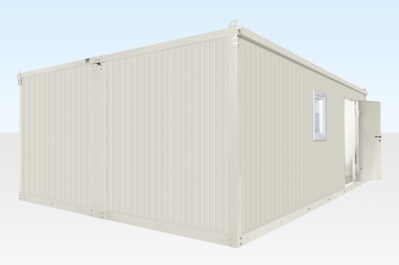 21.3 ft Flat-Pack Office – Side-Linked, White – Three-quarter perspective view of the exterior white modular office building showing side walls