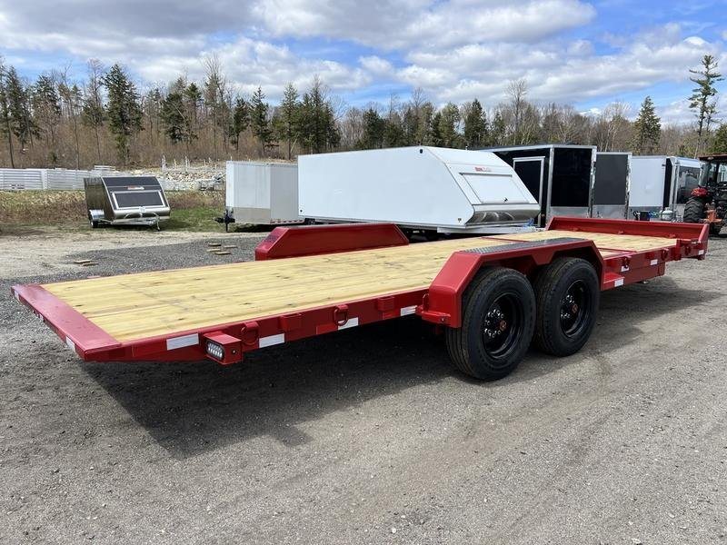 2024 Rice Trailers 22 ft Tilt Deck – Red, Toolbox – Rear three-quarter view of a red equipment trailer showing the wood deck