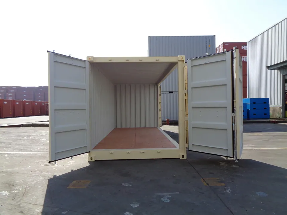 20ft One-Trip Shipping Container – Full-Length Side Access – open cargo doors revealing empty container interior in yard