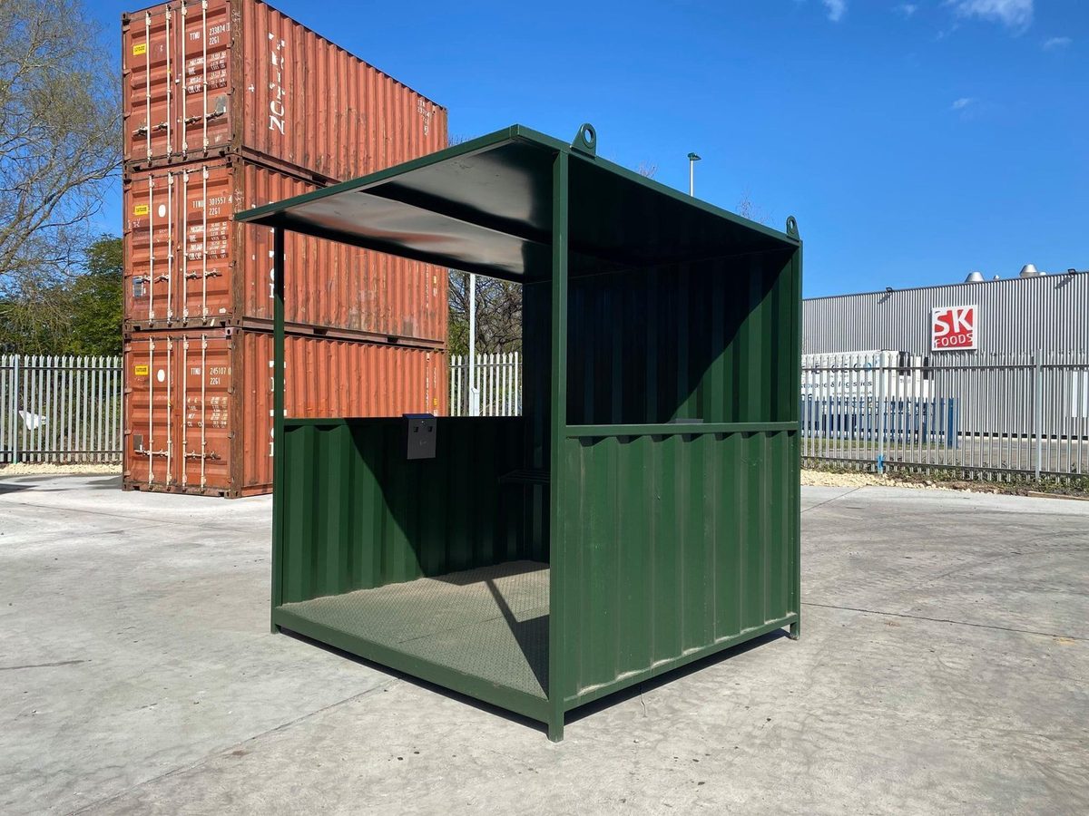 5ft × 8ft Steel Smoking Shelter – Ventilated, Lockable Enclosure – three-quarter exterior view of green smoking shelter with open entrance