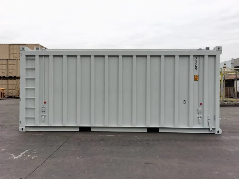 20 ft Dry Bulk Container – White, Top Loading – Side exterior view of a white corrugated steel shipping container with ladder