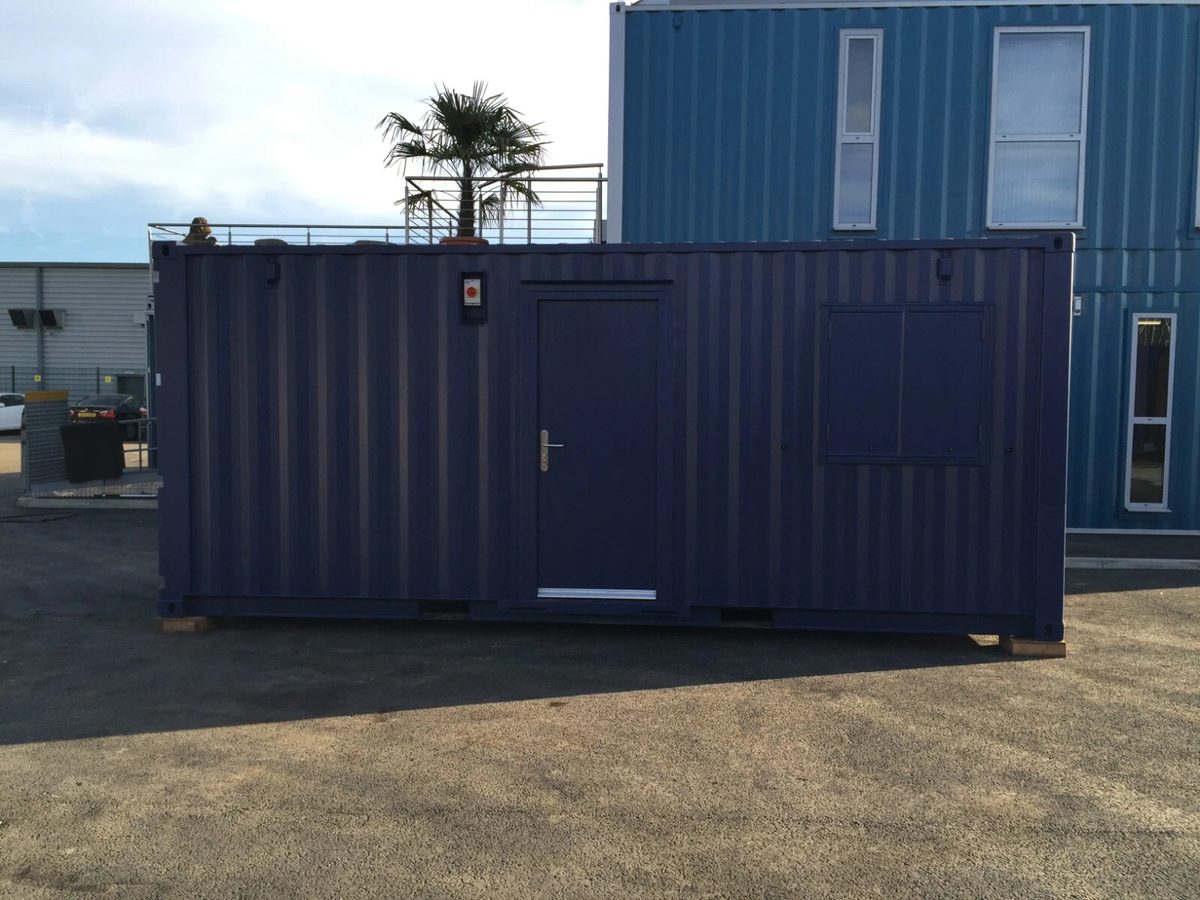 20ft Portable Office Cabin – Insulated Steel Workspace – Front exterior of portable office with door and shuttered window