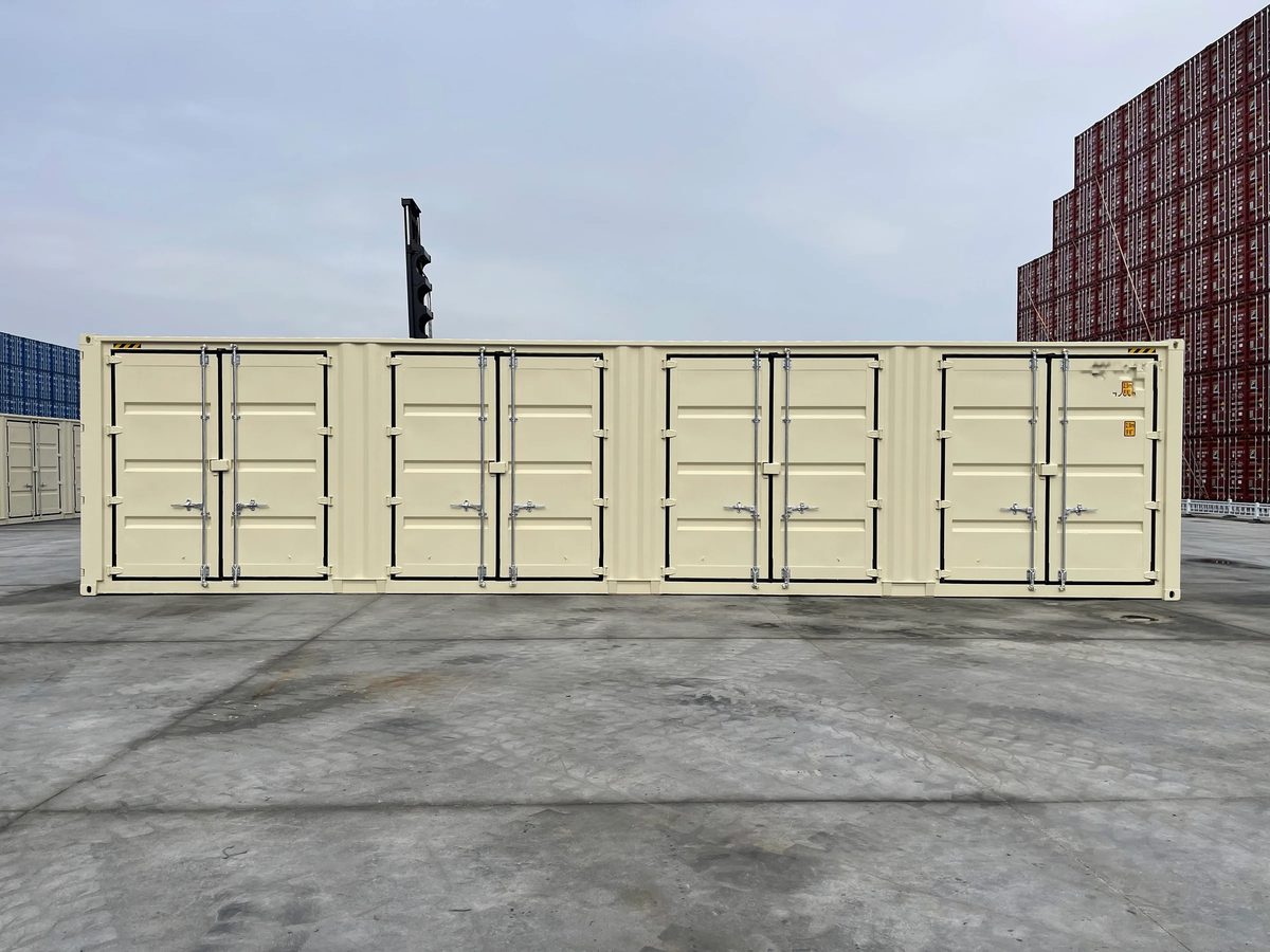 40ft High Cube Shipping Container – One-Trip, Side Doors – Full side view with four pairs of closed cargo doors