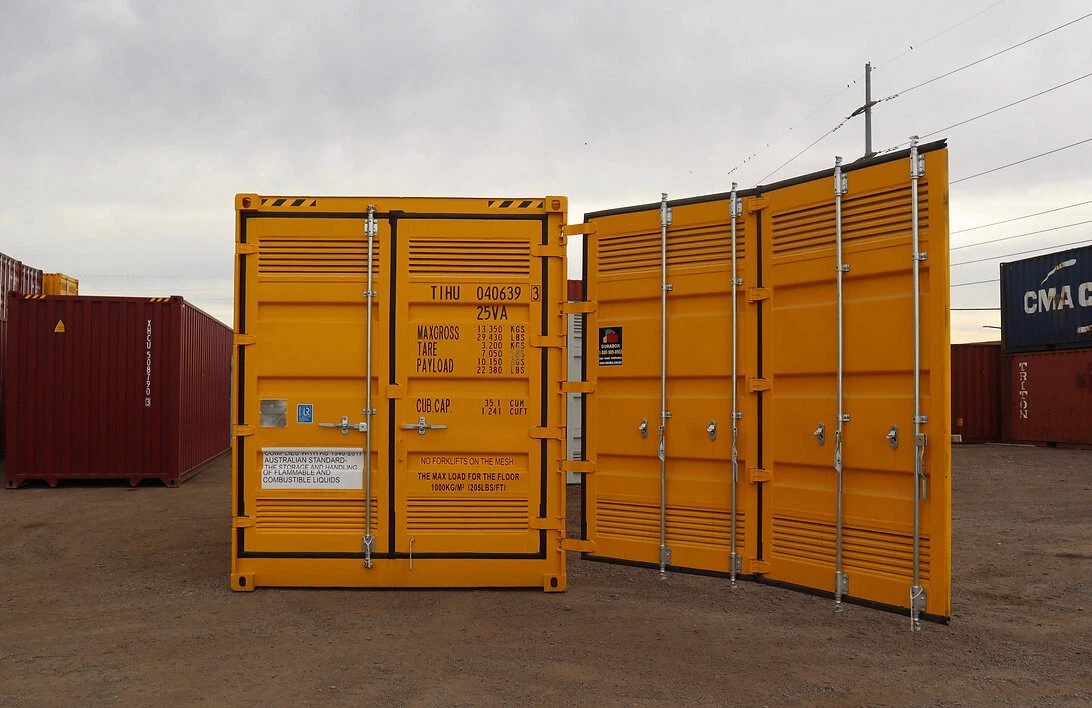 20ft Dangerous Goods Container – Bunded Floor and Ventilation – yellow dangerous goods container with outer cargo doors open