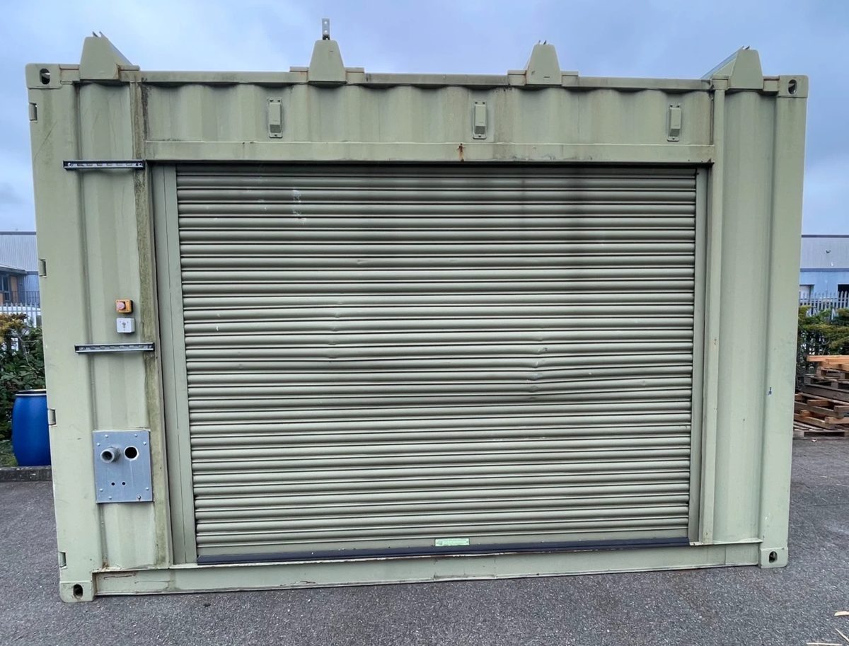 13ft Used Shipping Container – Lock Box Storage – front view of steel container with closed roller shutter