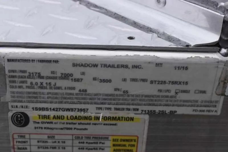 2016 Shadow 2HBP 2 Horse Bumper Pull Trailer – Aluminum – Close up of manufacturer vin and loading information identification plate