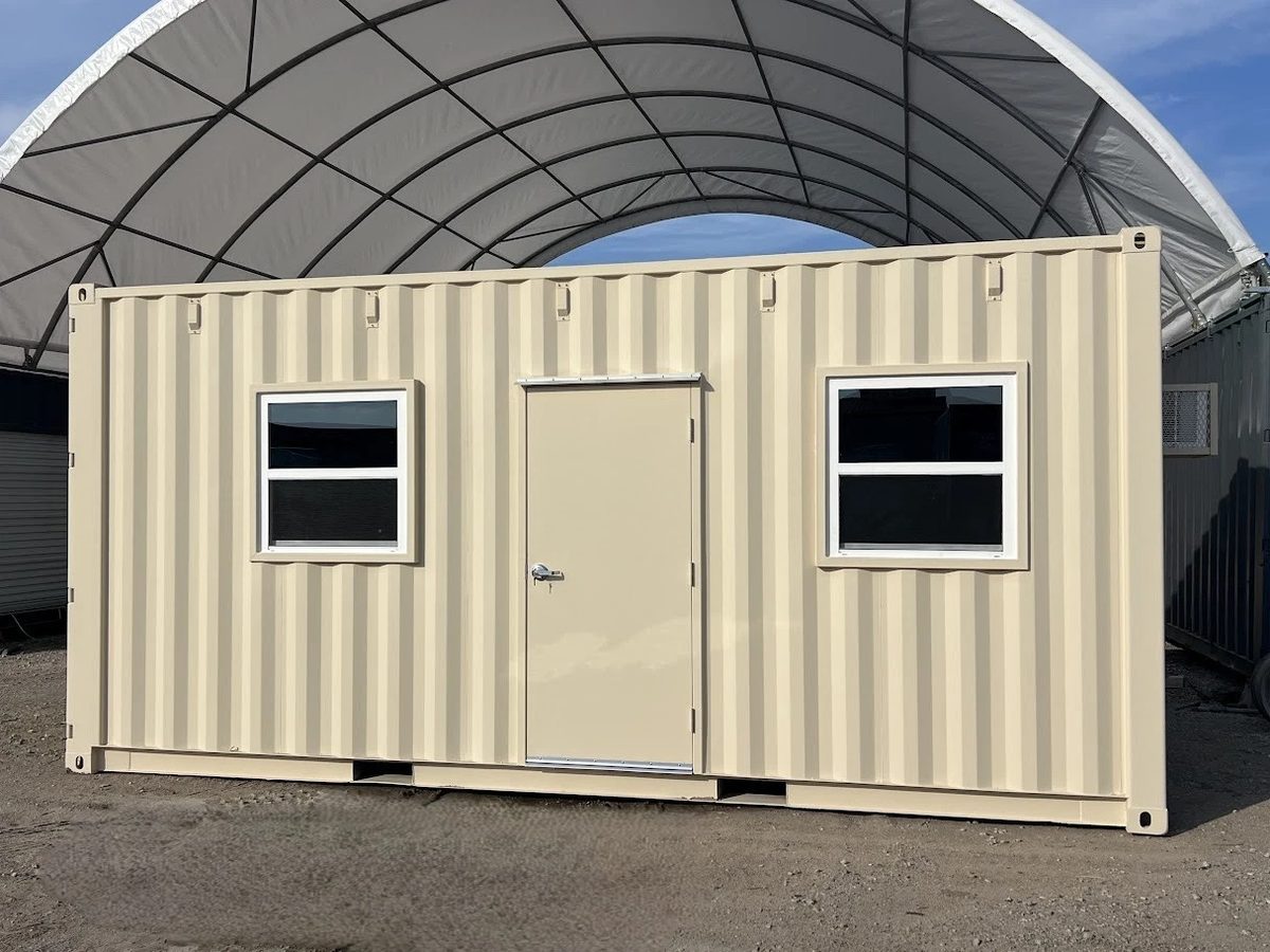 20ft High Cube Container Office – Side Entry and Two Windows – beige container office with central door and two windows