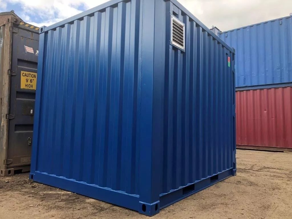 10ft Bunded Shipping Container – Integrated Spill Containment – three-quarter exterior view of blue container with ventilation grille