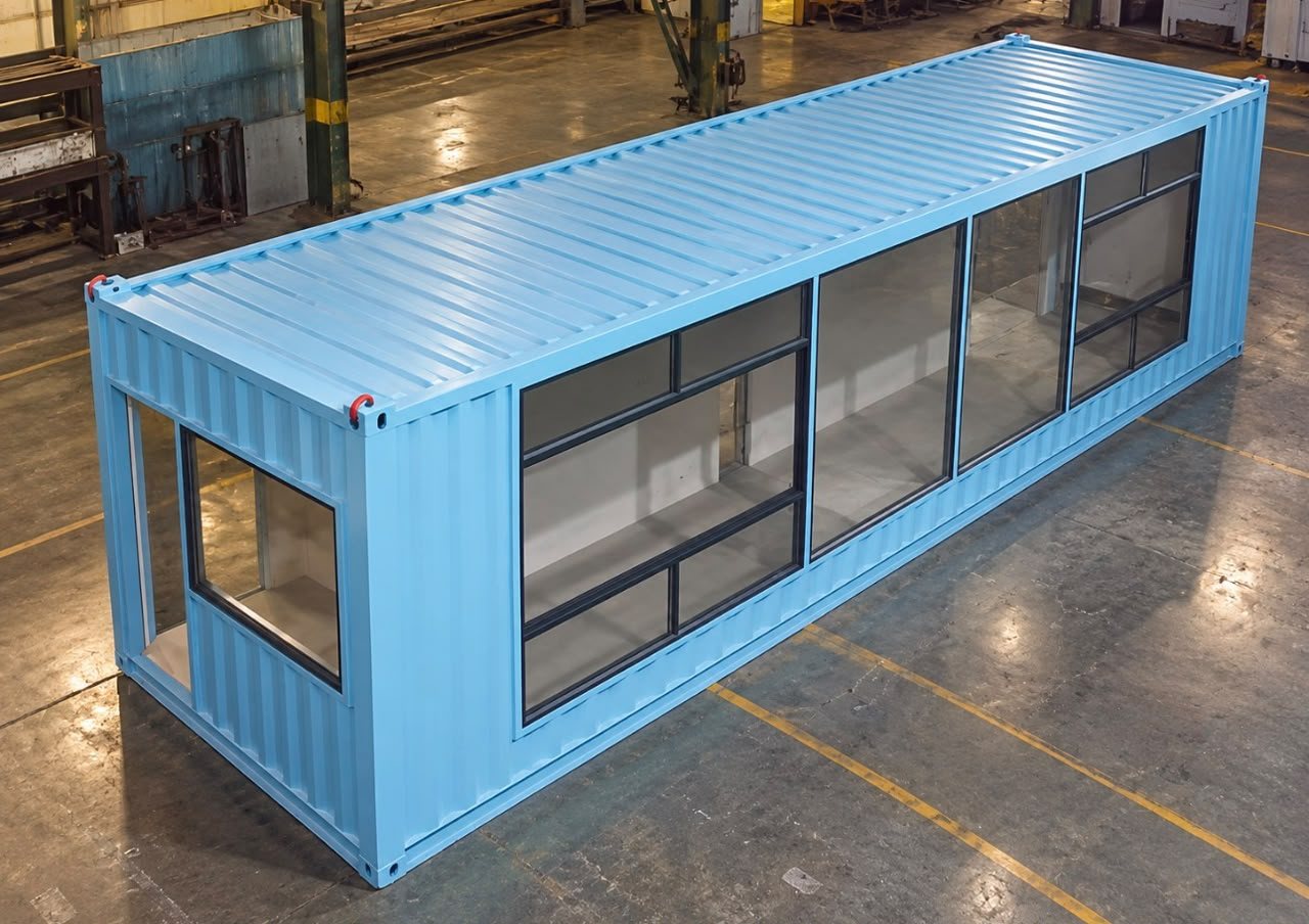 40ft Glazed Open-Plan Container – Lined Interior, Blue – 40ft Glazed Open-Plan Container — Elevated Exterior Overview