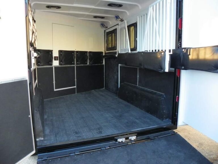 2022 Double D 2 Horse Bumper Pull – Reverse Slant – Full interior stall view looking from the rear ramp forward