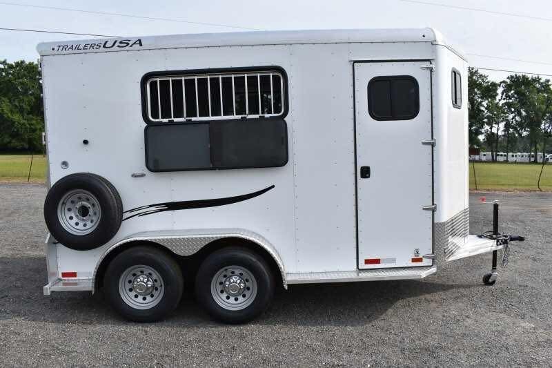 2019 Trailers USA 2 Horse Trailer – Aluminum, Dressing Room – Curbside profile view showing the spare tire and side access door