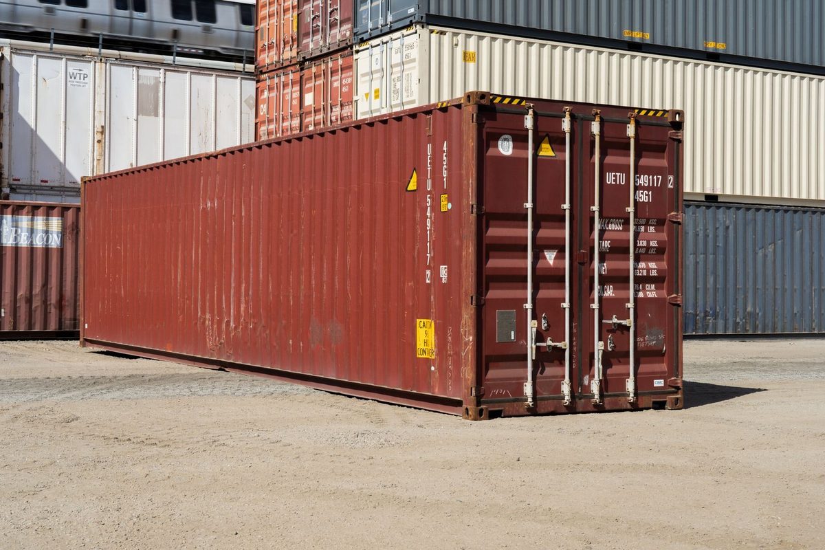 40ft High Cube Shipping Container – Used, Cargo Worthy – three-quarter exterior view of weathered container with closed cargo doors