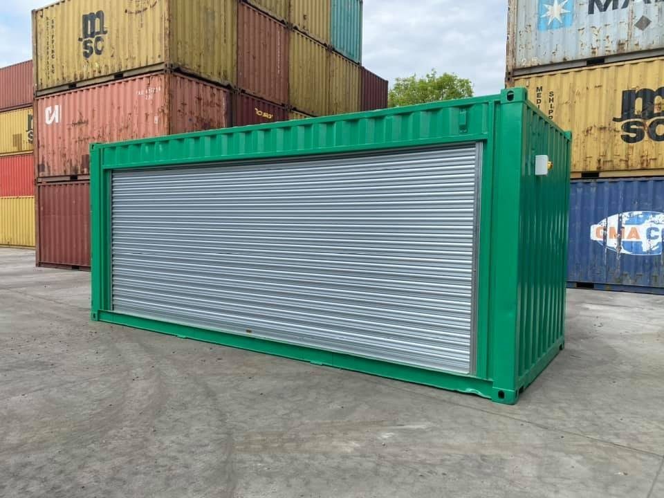 20ft Refurbished Storage Container – Side Roller Shutter – green container with closed silver roller shutter
