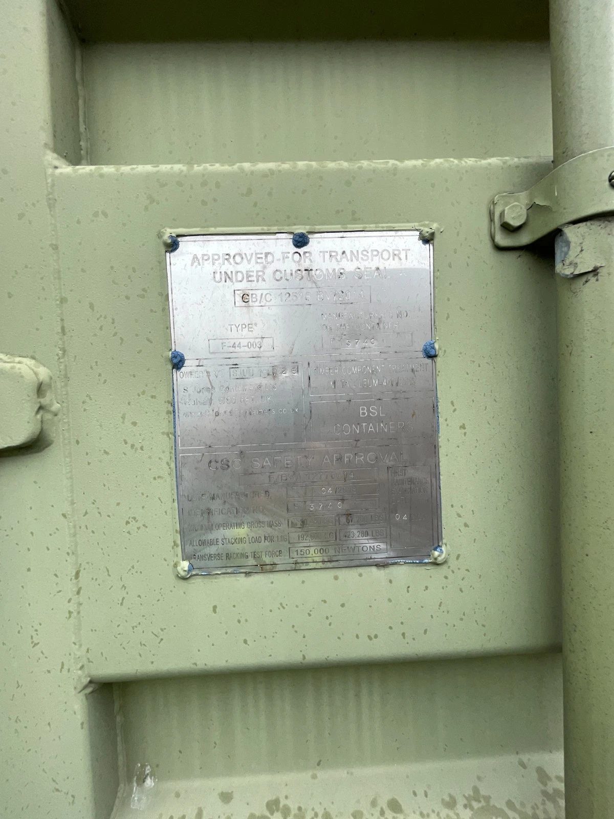 13ft Used Shipping Container – Lock Box Storage – close-up of container safety approval plate and door hardware